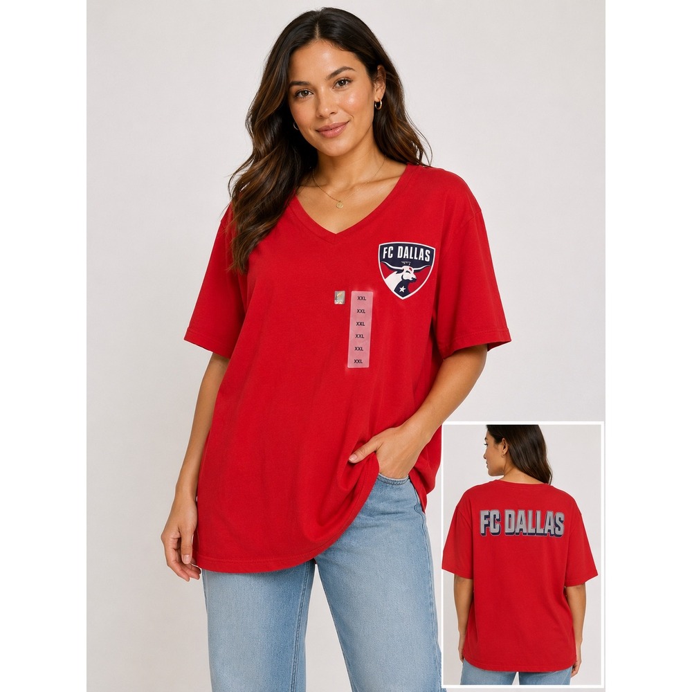 FC Dallas MLS Womens V-Neck T-Shirt Red Short Sleeve Soccer Fan‎ Top XXL New